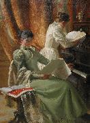 Emil Lindgren Interior med musicerande kvinnor vid pianot Spain oil painting artist